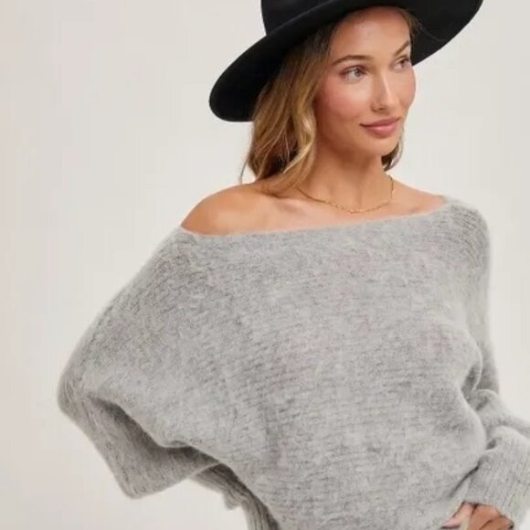 CLEAR OUT!!! Boat Neck Dolman Sleeve Ribbed Fuzzy Knit Sweater - Picture 2 of 10